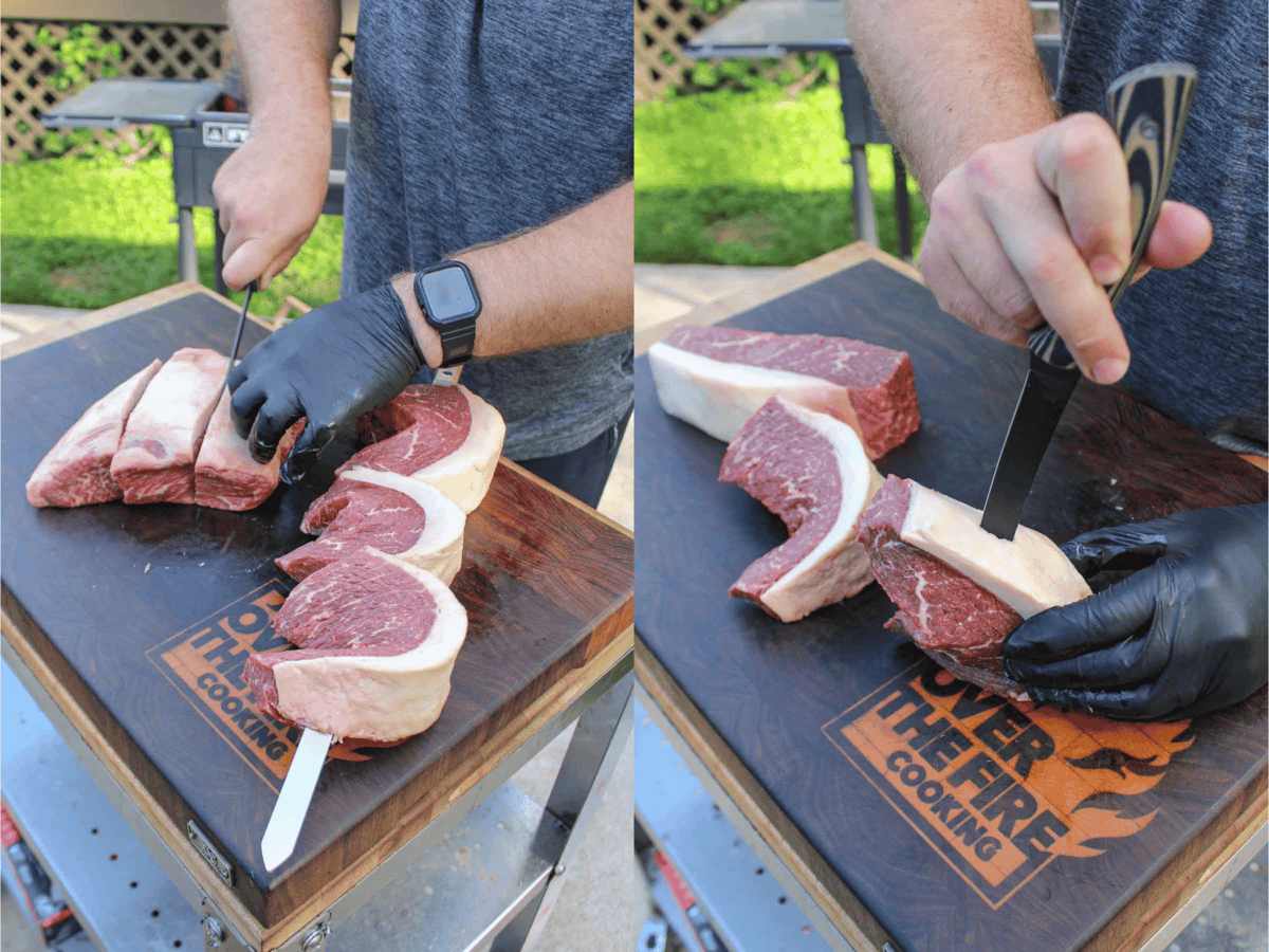 The steaks are formed into a "C" shape before getting skewered. 