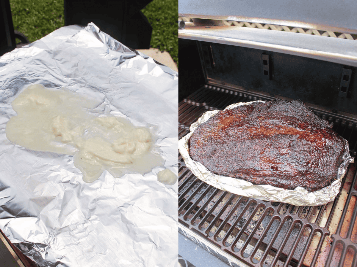 Adding the brisket to a foil boat.