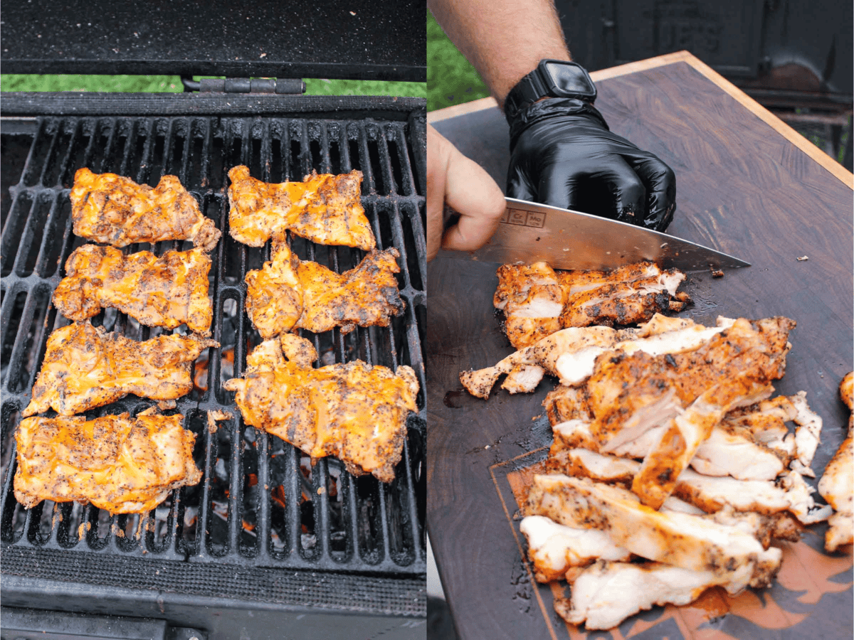 slicing up the grilled chicken with a sharp knife. 