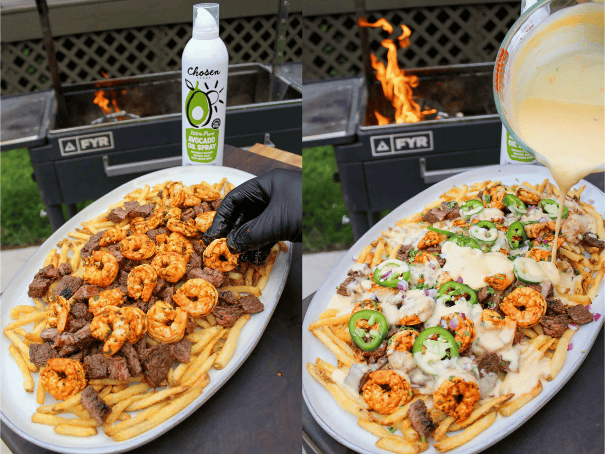 The loaded steak fries with shrimp are assembled. 