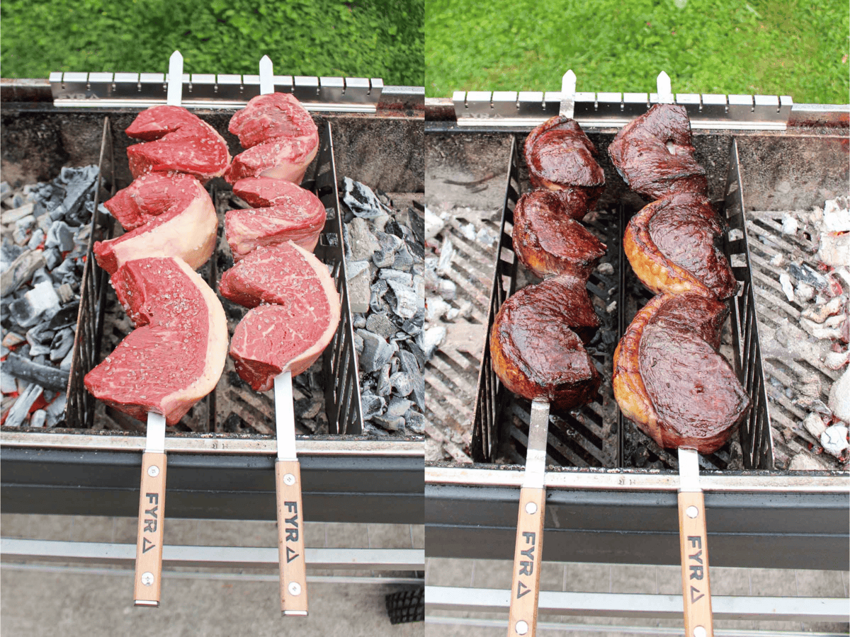 The steaks rotate over the fire for full coverage and a great rendering of the fat cap. 