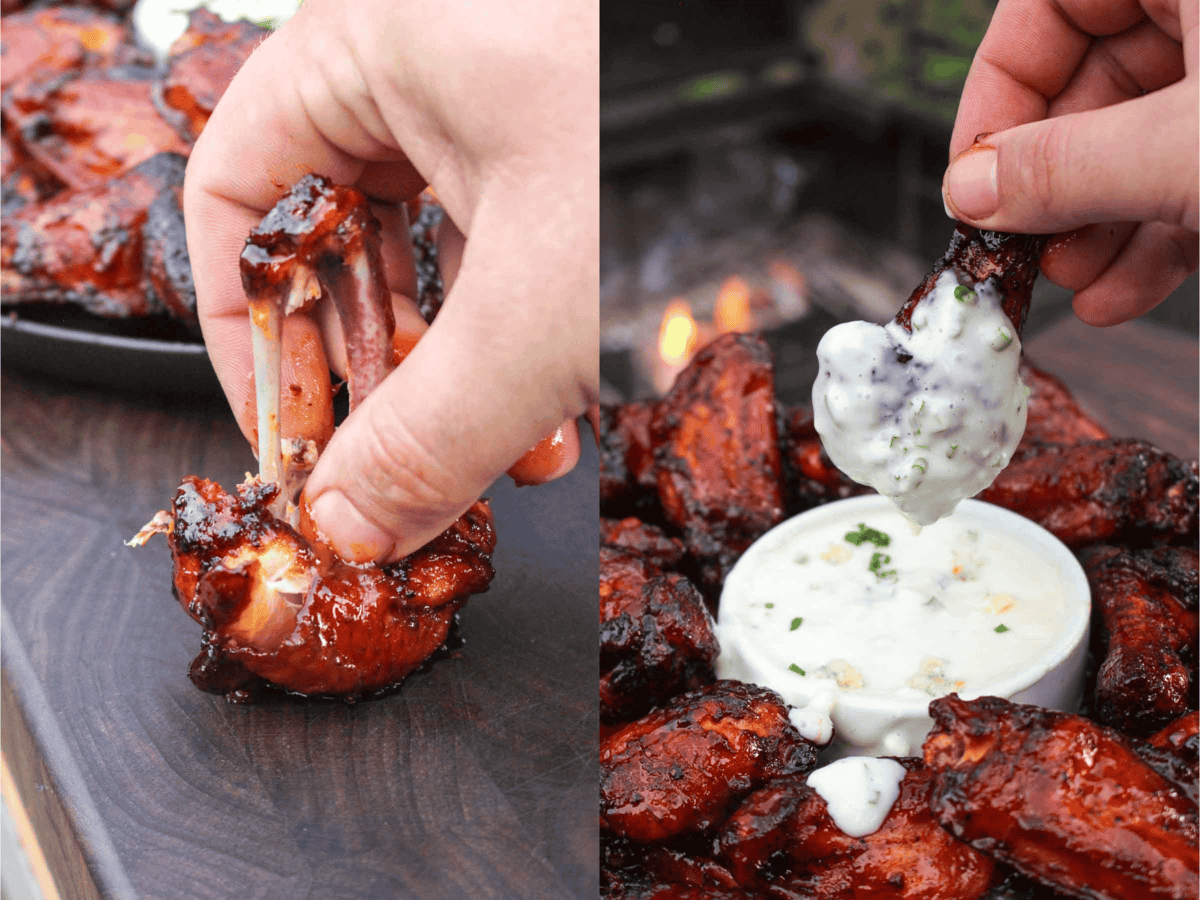 Buffalo wings and dip on the serving platter. 