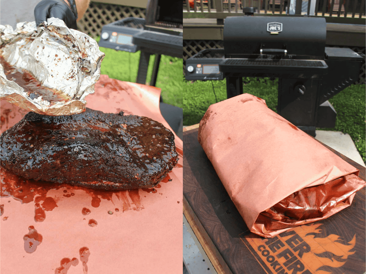 The brisket is wrapped in butcher paper and rests. 