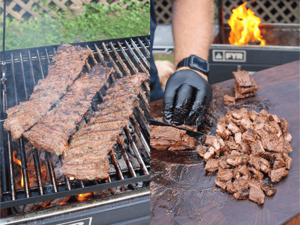 The steak finishing on the grill and then getting sliced on a cutting board.