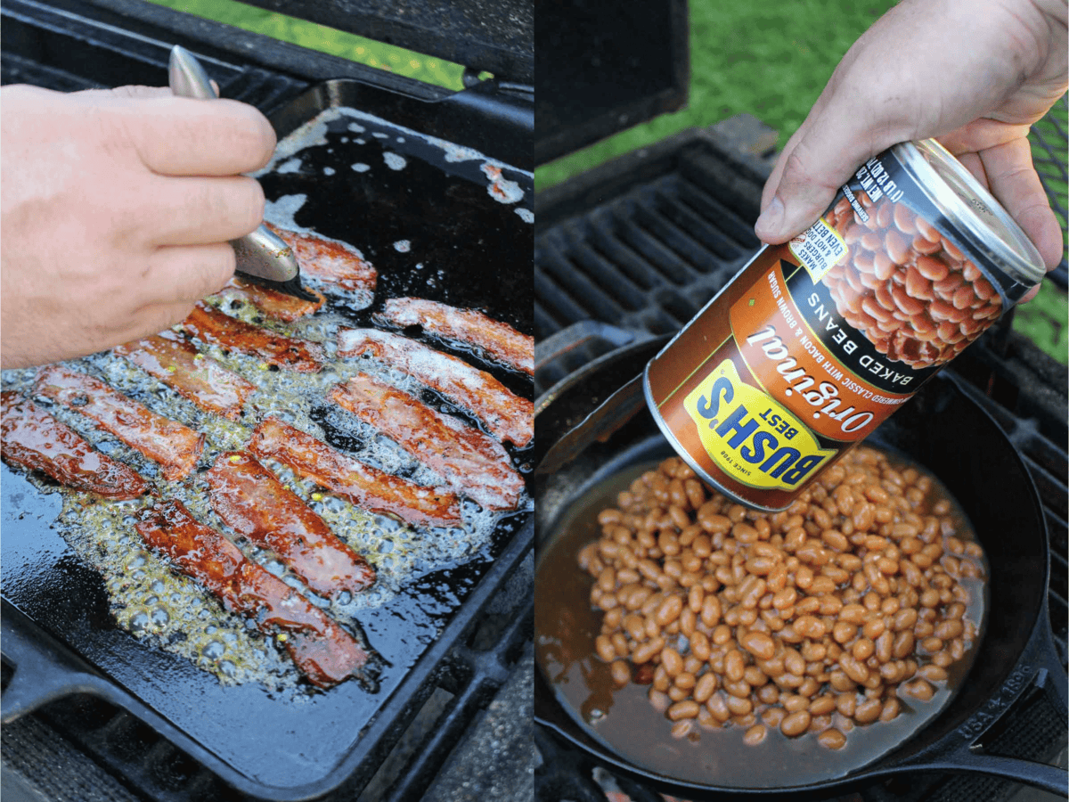 Cooking bacon and Bush's Baked Beans. 