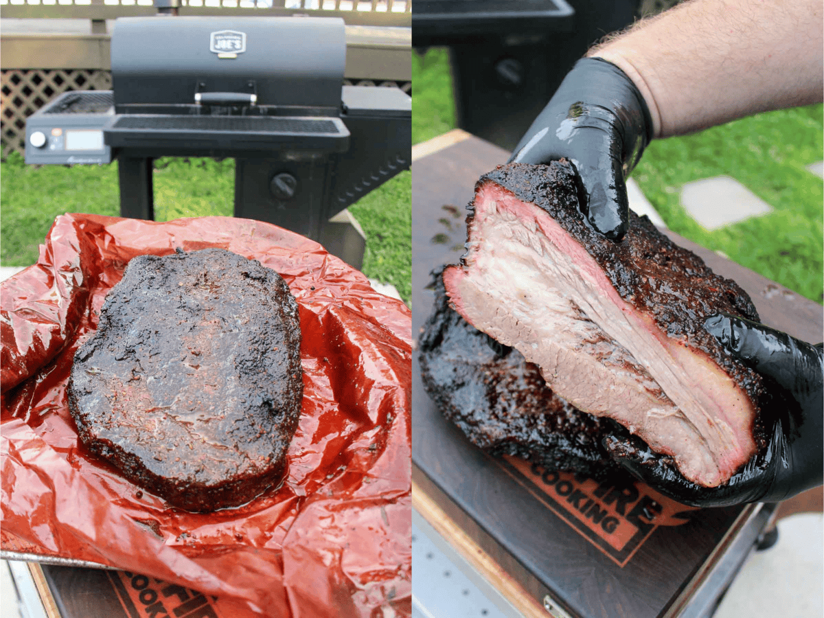 Unwrapping the brisket and then cutting it in half. 