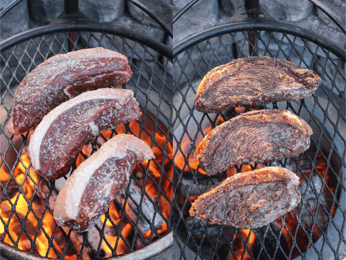 The fat cap of the picanha steak is rendered on the grill. 