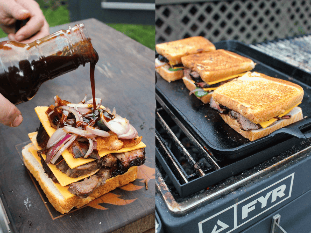 Grilling the BBQ brisket melt and drizzling with sauce.