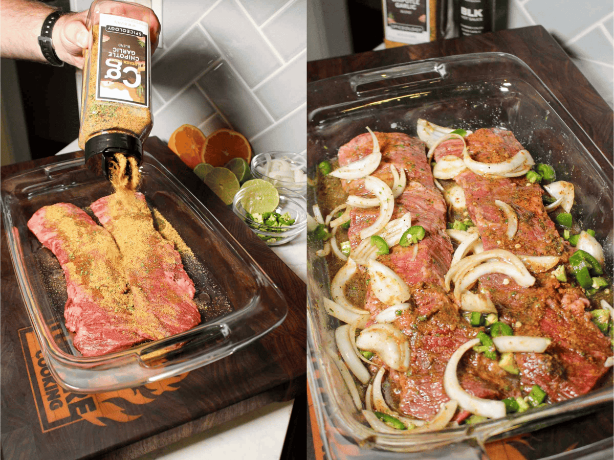 Marinating skirt steaks in a glass pan.