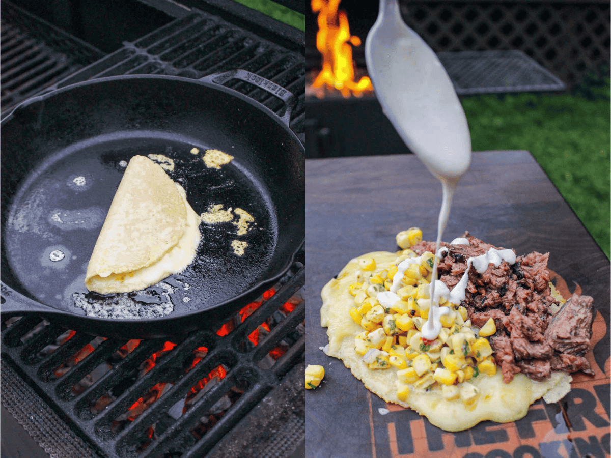 Grilled steak elote tacos over the fire cooking