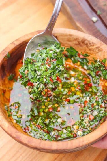 A close up shot of chimichurri.