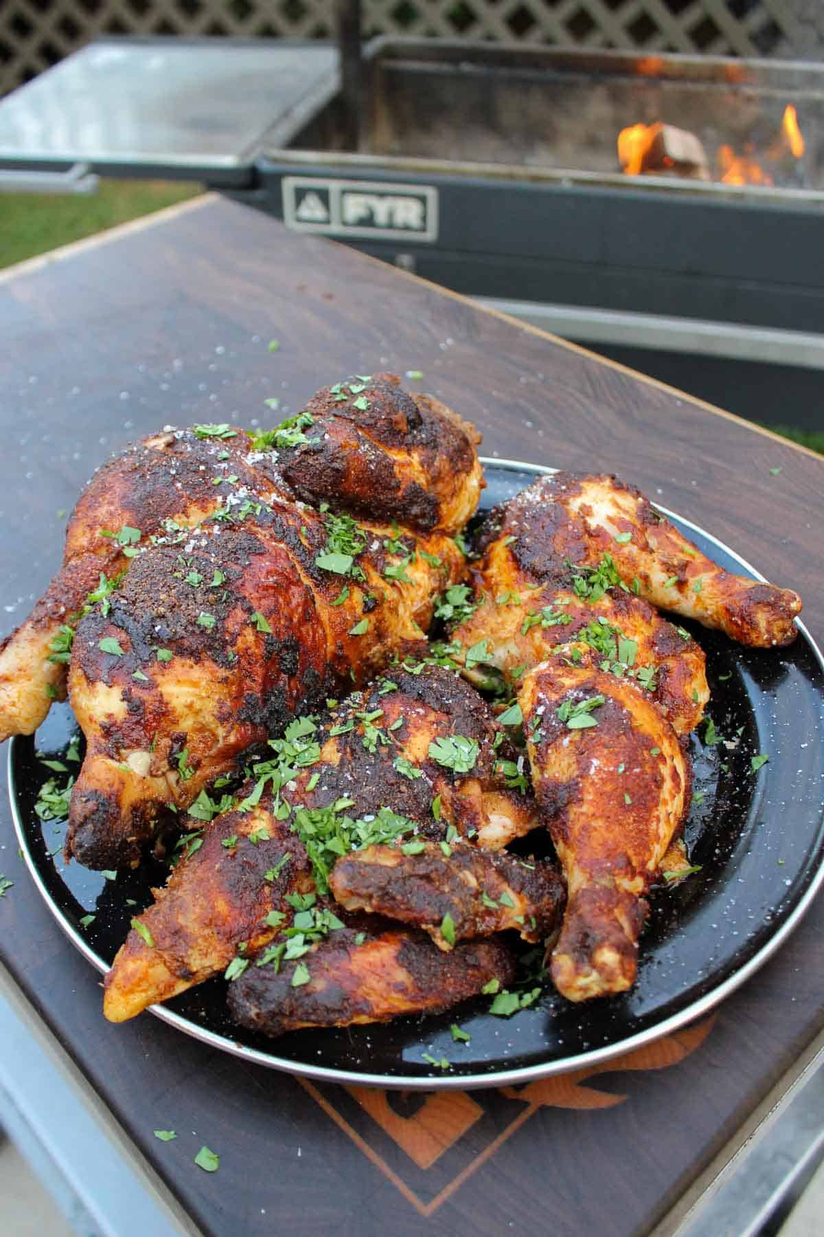 A plate full of rotisserie chicken. 