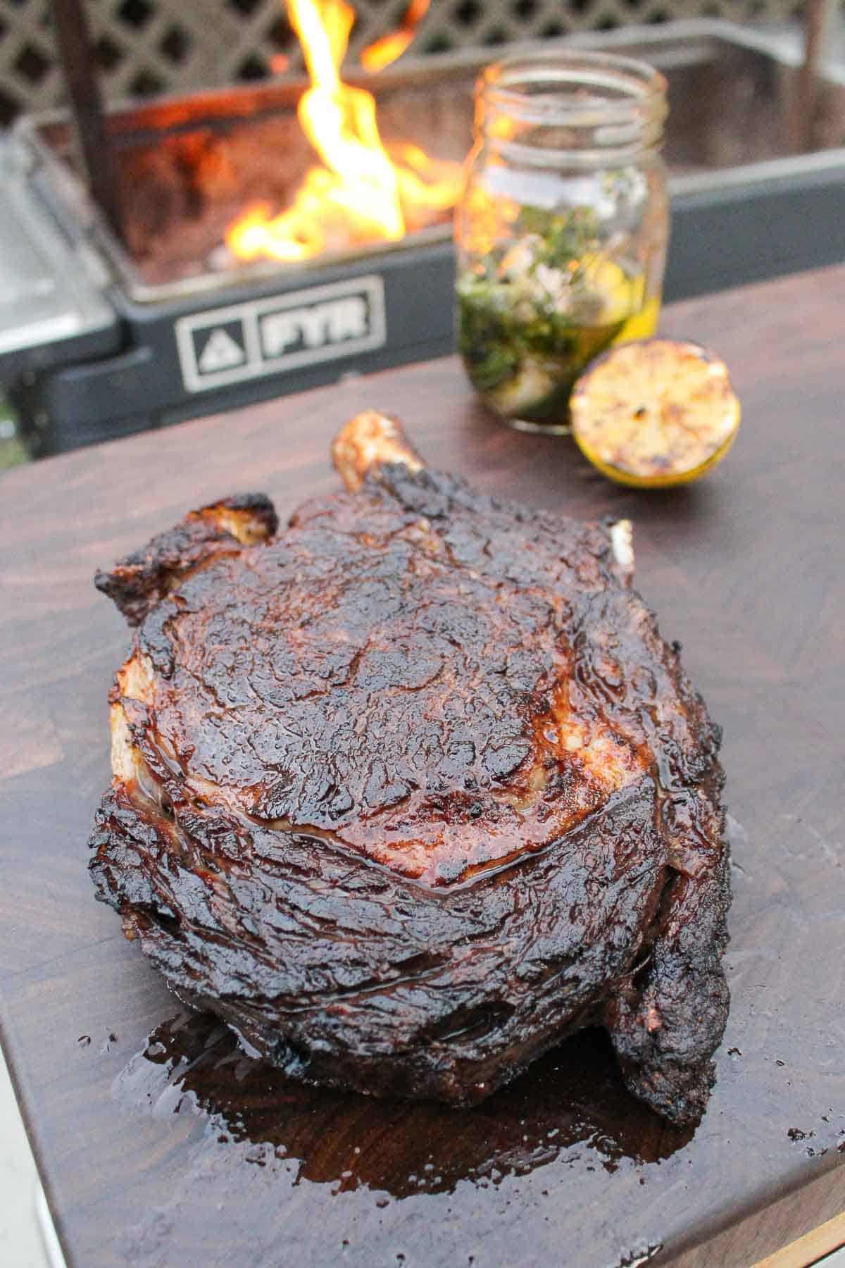 A close up shot of the steak to show its crust. 