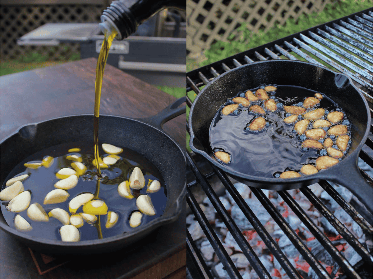 Making the garlic confit on the grill. 