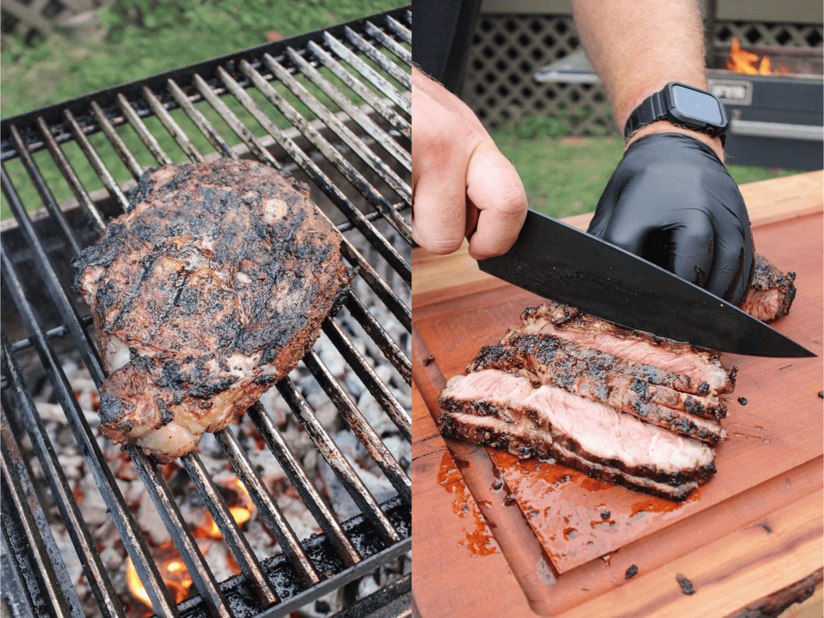 The ribeye on the grill over the coals and then it being sliced up on a cutting board.