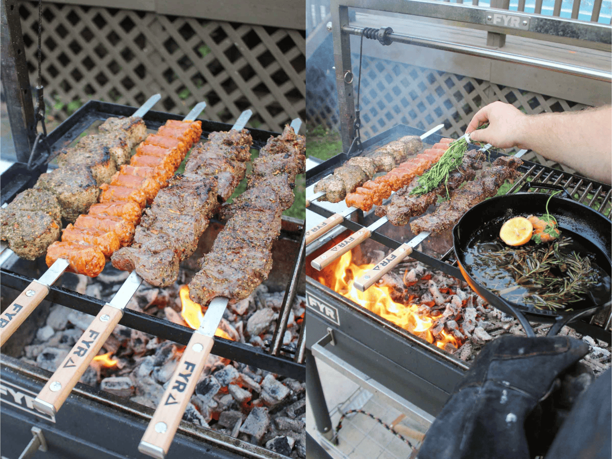 The three meats on the grill.