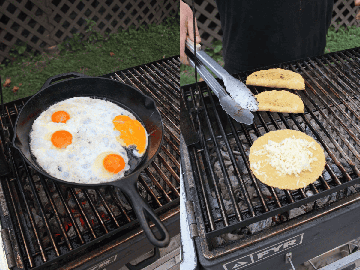 Frying eggs and toasting tortillas on the grill with some cowboy charcoal.