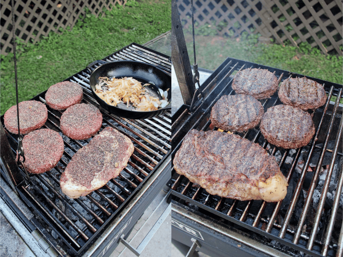 The burgers and the steaks are cooked on my new grill. 