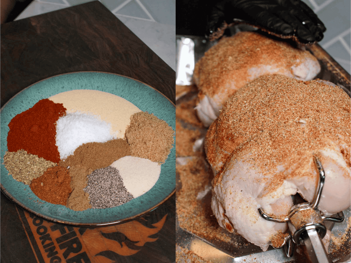 The spices are gathered in a bowl before covering the chicken. 