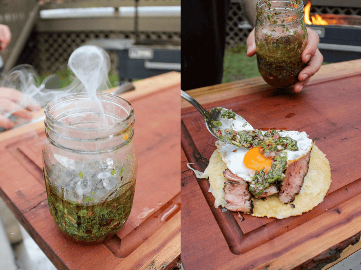 Smoked chimichurri and steak and egg taco assembly