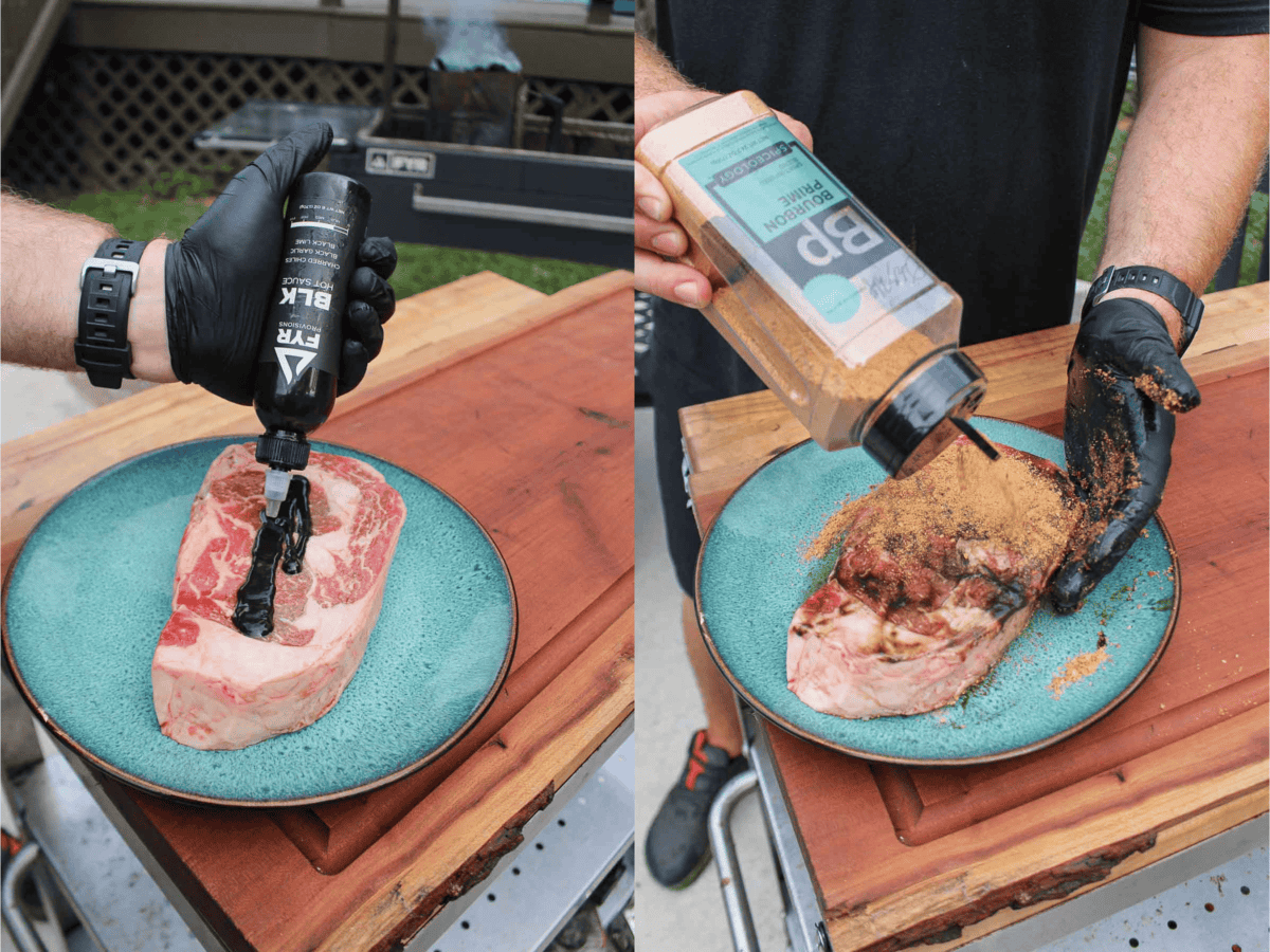 Seasoning ribeye steaks with FYR BLK Hot Sauce and Bourbon Prime seasoning. 