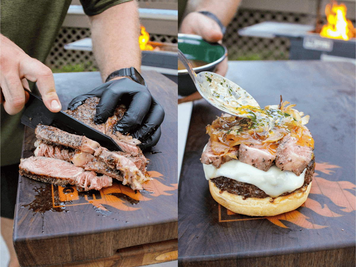 The steaks are sliced and the Cowboy Butter Burgers are assembled. 