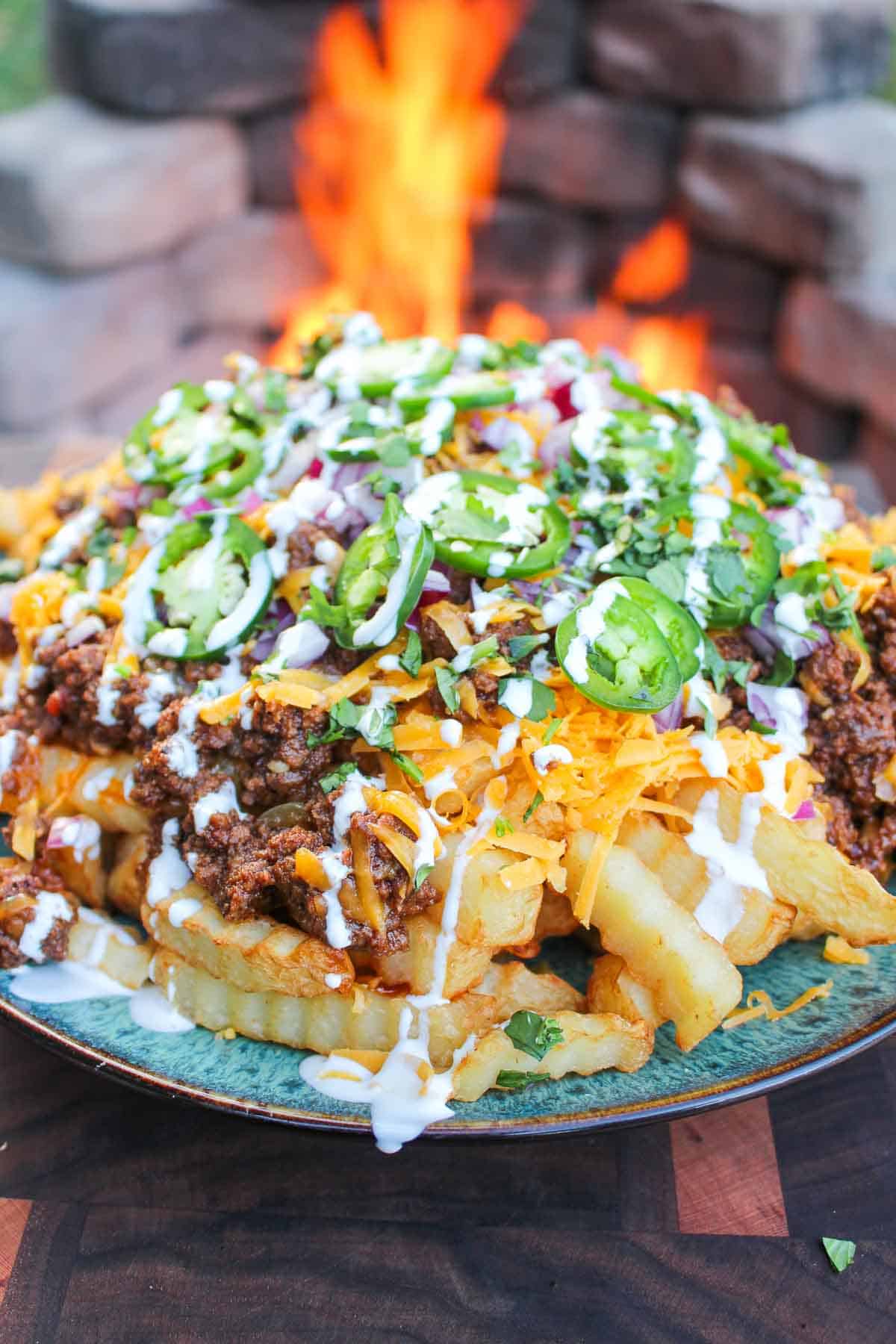 One of our loaded fries recipes, cooked and ready to serve.