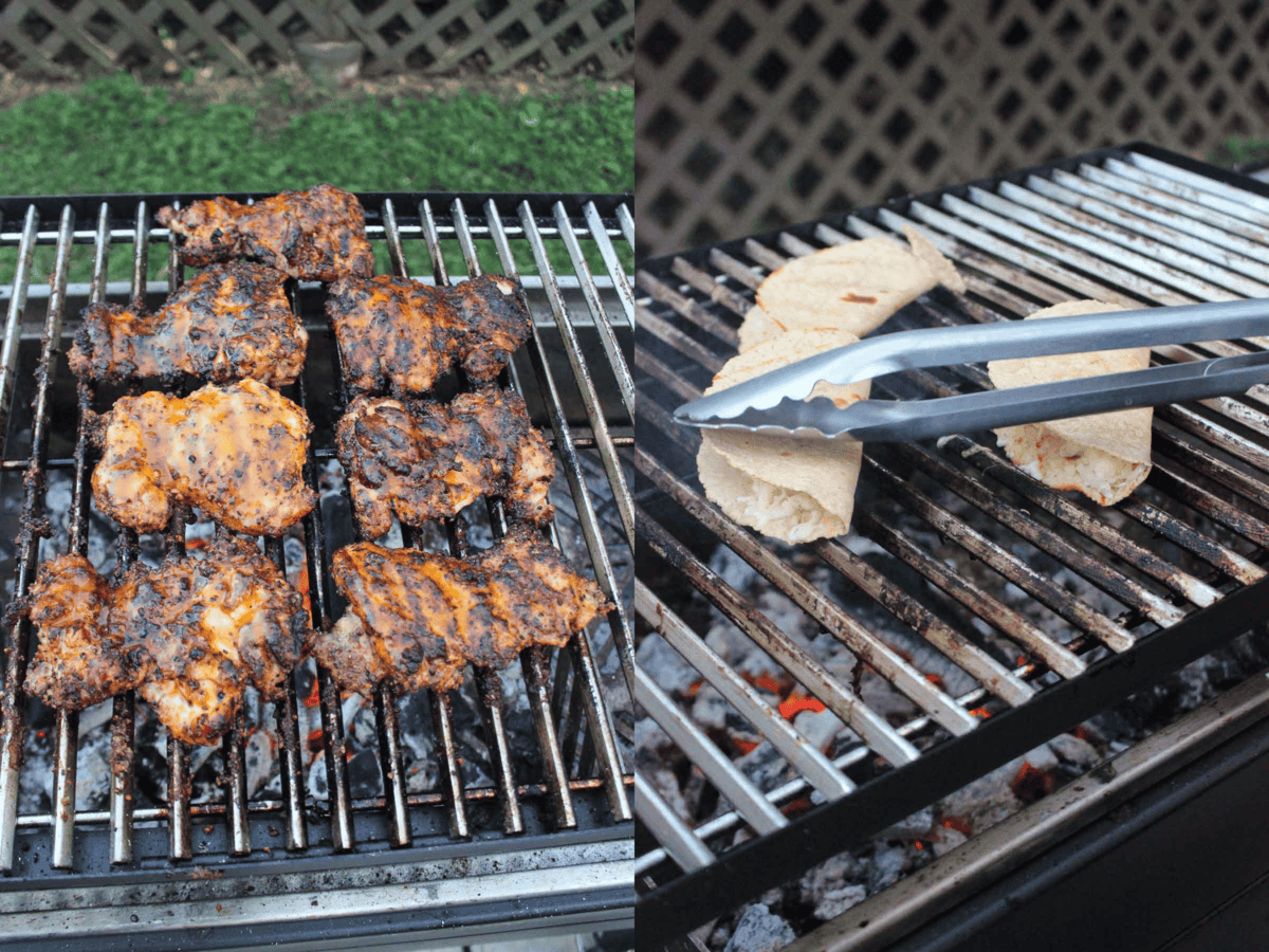 The chicken is ready and the taco shells are cooked with the cheese inside. 