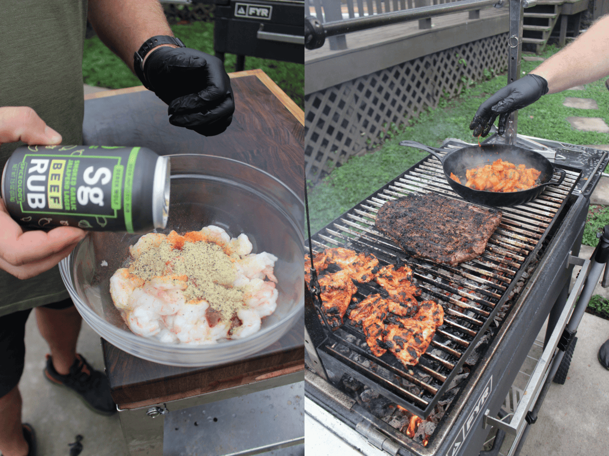 Seasoning shrimp and grilling proteins for Texas fajitas