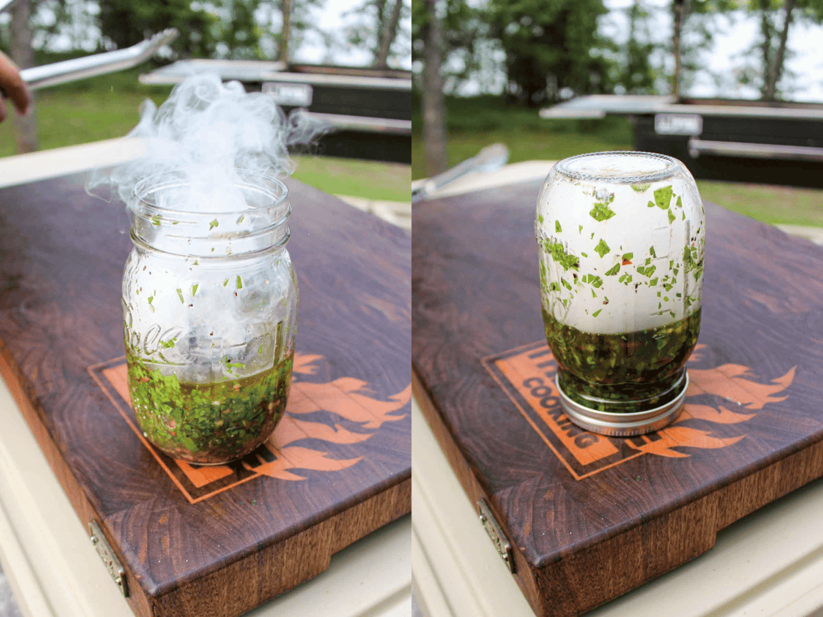 Chimichurri in a mason jar after adding a hot coal.