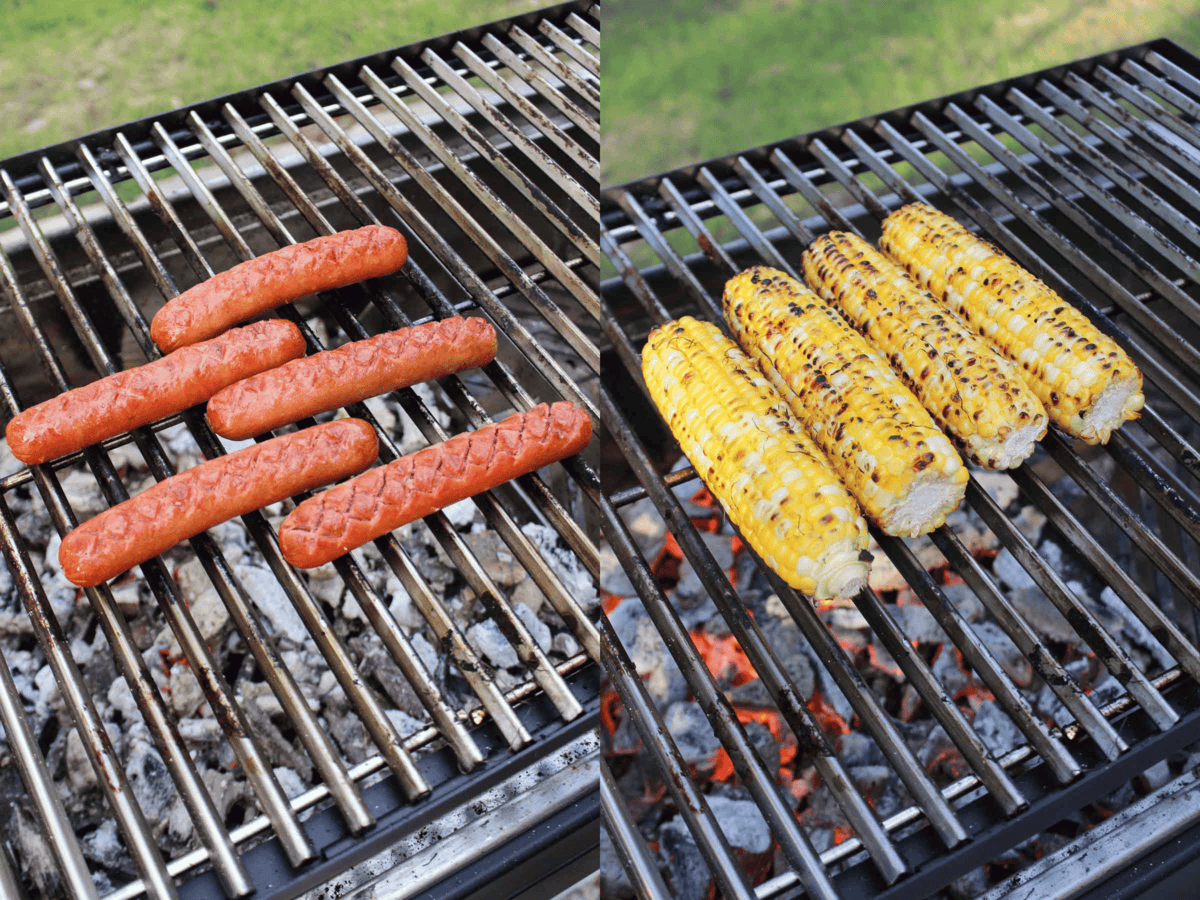 Hot dogs and corn on the grill.