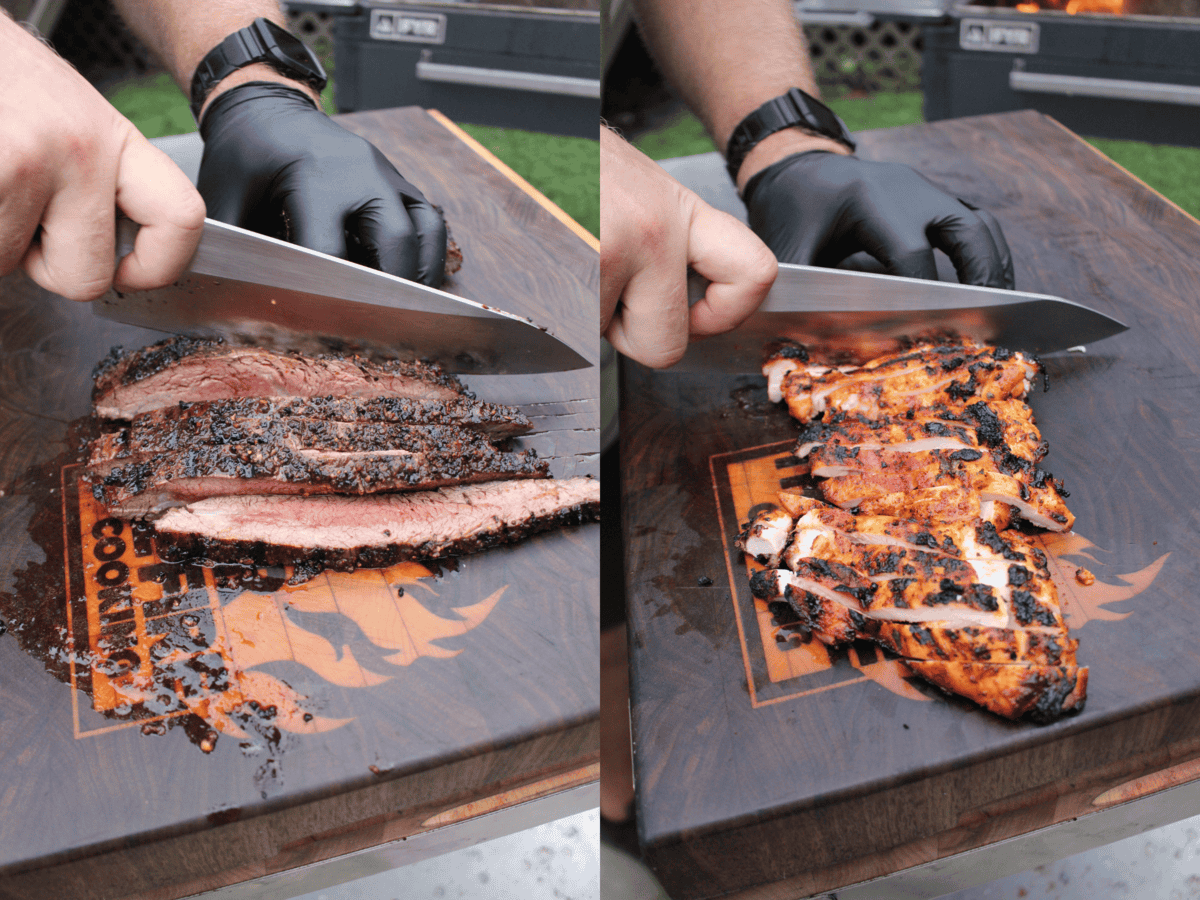 Slicing steak and chicken for Texas fajitas