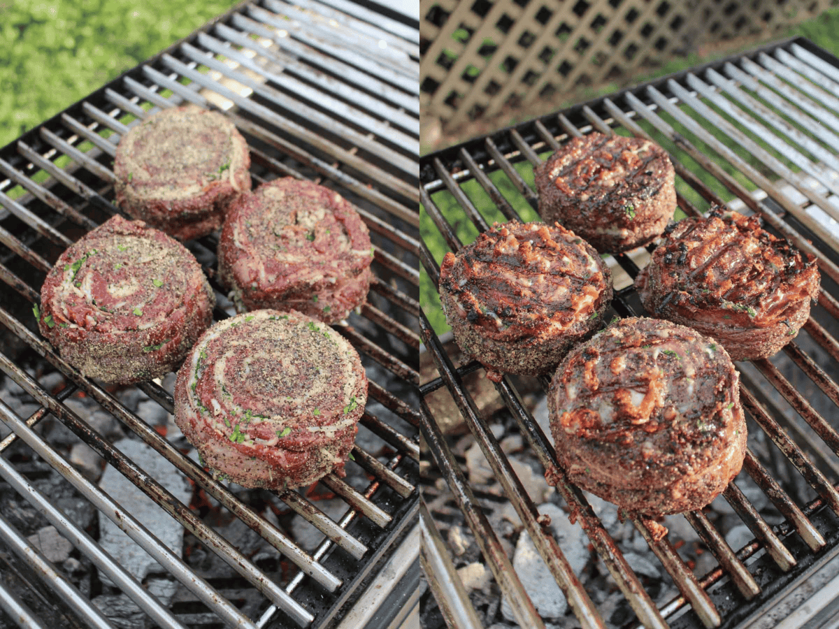 The flank steak cooks over the grill until perfectly seared and 125 degrees F inside. 