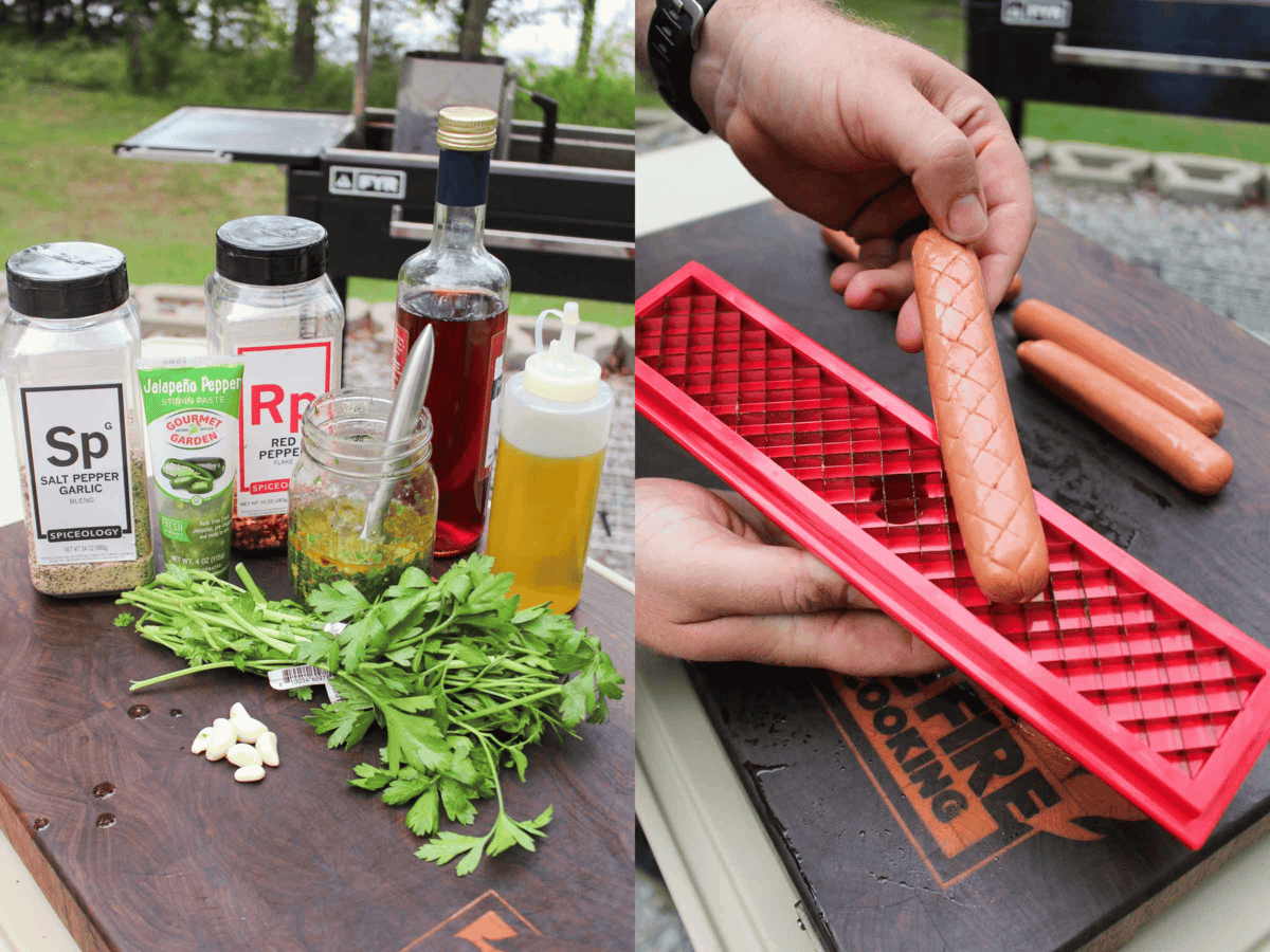 Chimichurri ingredients and scored dogs.