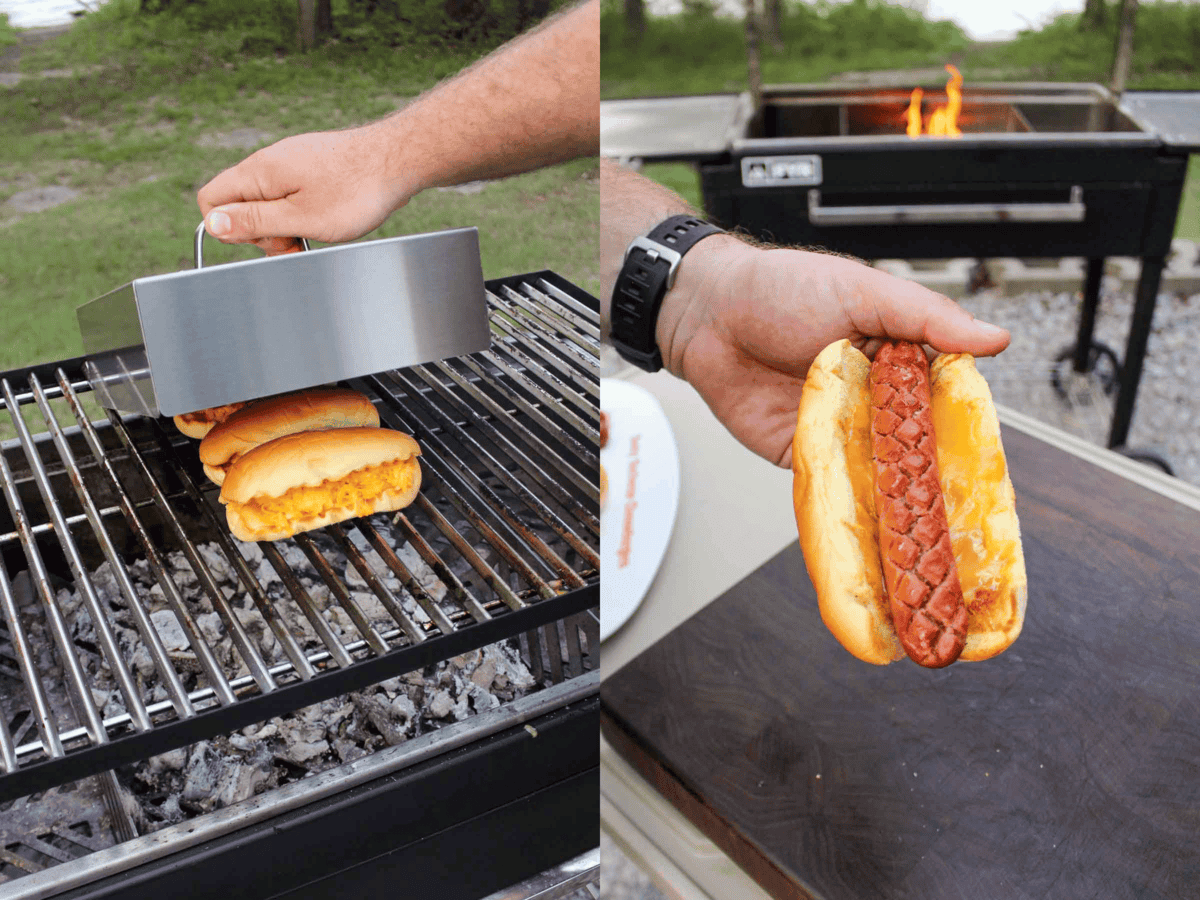 Adding grilled hot dogs to cheesy buns.