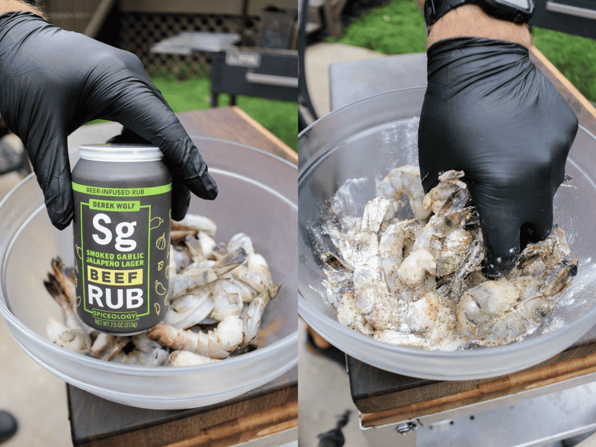 Seasoning shrimp with Smoked Garlic Jalapeno Rub