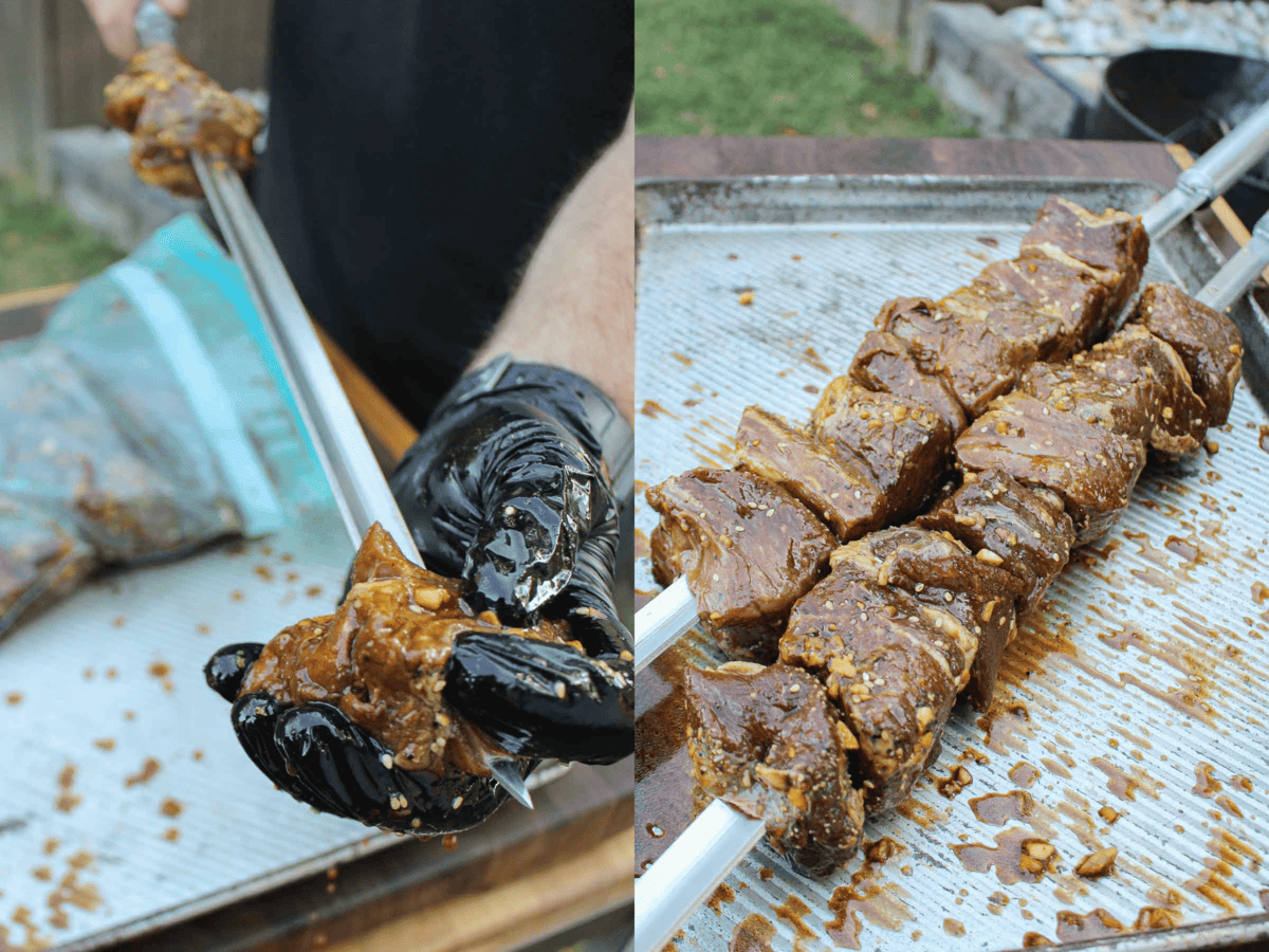 Loading the black pepper steak skewers