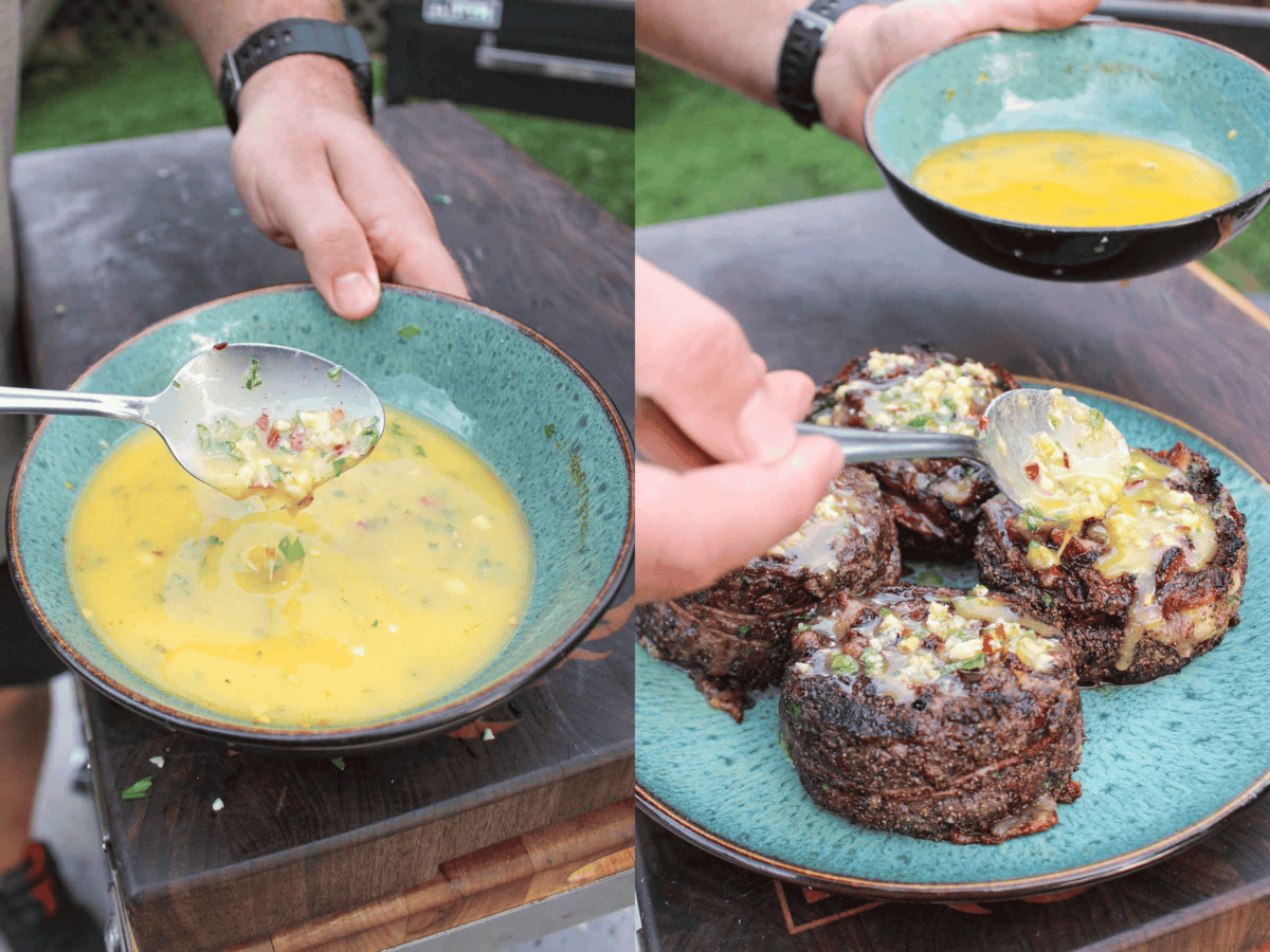 The Cowboy Butter is easy to make and then spooned on top of the pinwheels. 