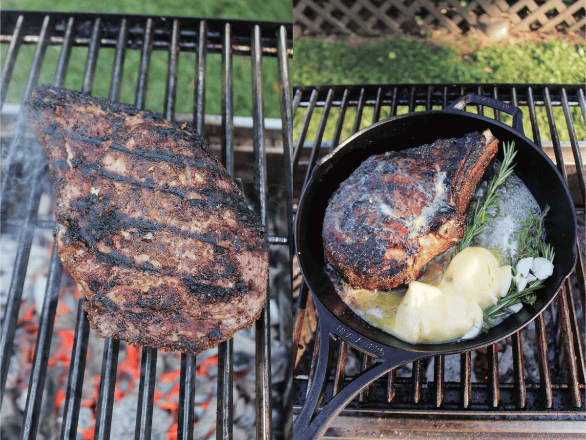 The seared ribeye gets basted in a cast iron pan with garlic, herbs, and butter. 