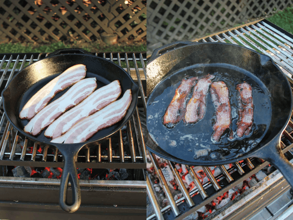 The bacon gets crispy in the cast iron pan. 