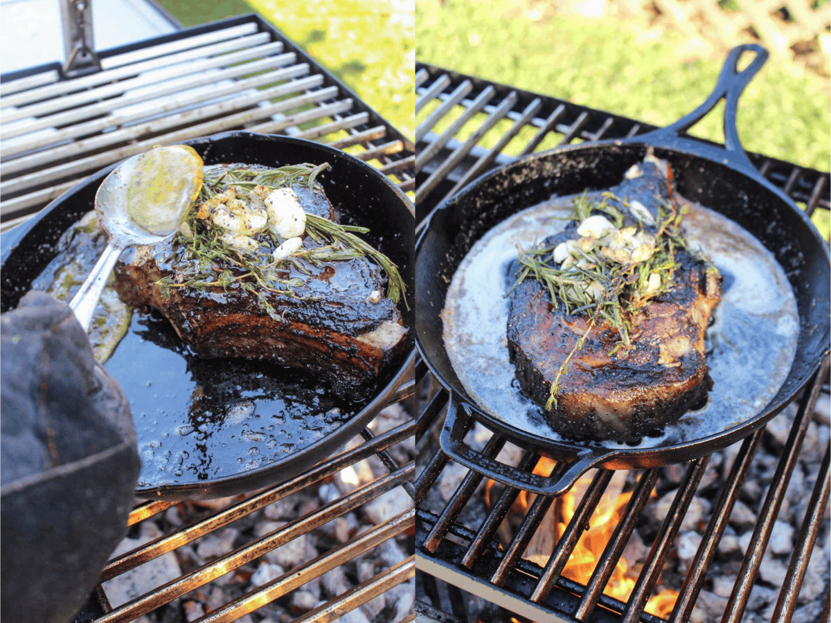 The perfect ribeye steak is done and ready to eat. 