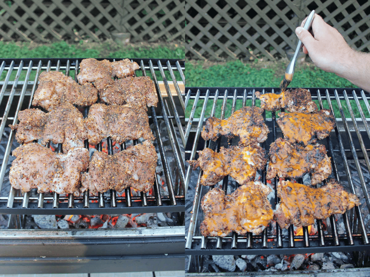 The grilled chicken thighs get a brushing of spicy buffalo sauce for an extra flavor kick. 