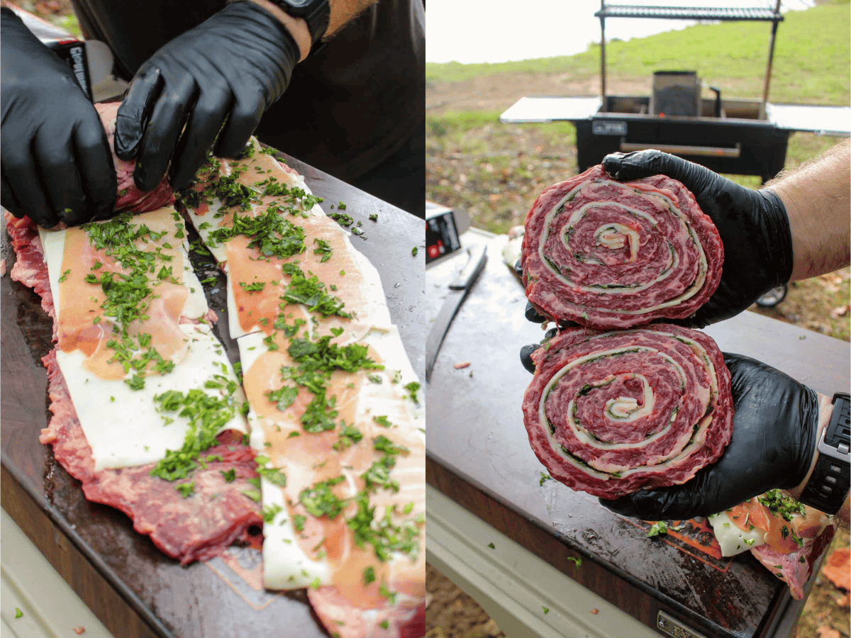 The visually appealing Chimichurri Steak Pinwheels are prepared with a layer of prosciutto, Swiss cheese, and parsley. 