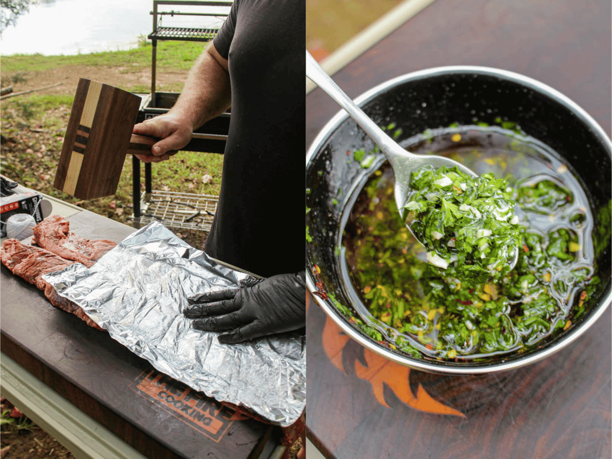 Flattening the steak and preparing the herbalicious chimichurri sauce are easy steps on the way to culinary perfection.