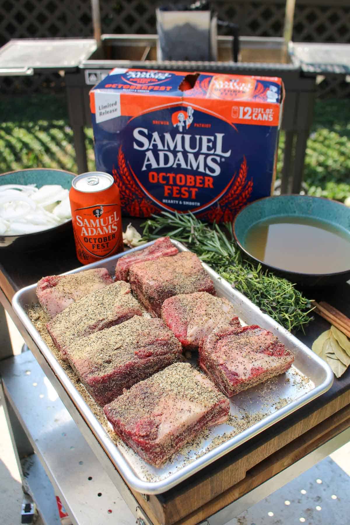 The short ribs are seasoned before grilling. 