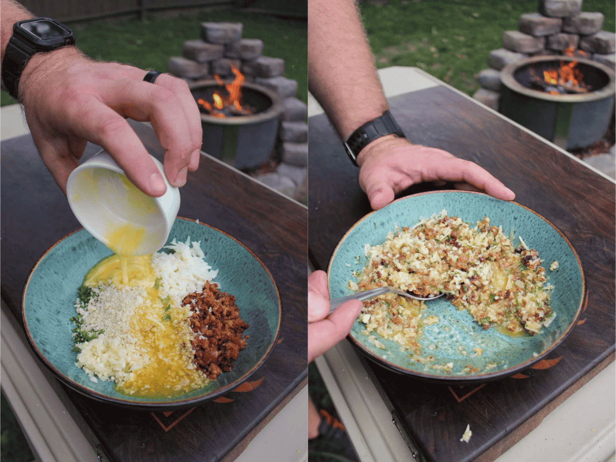 Two photos showing steps in making the Spanish garlic crust for the steak, with cheese, chorizo, panko breadcrums and chopped parsley