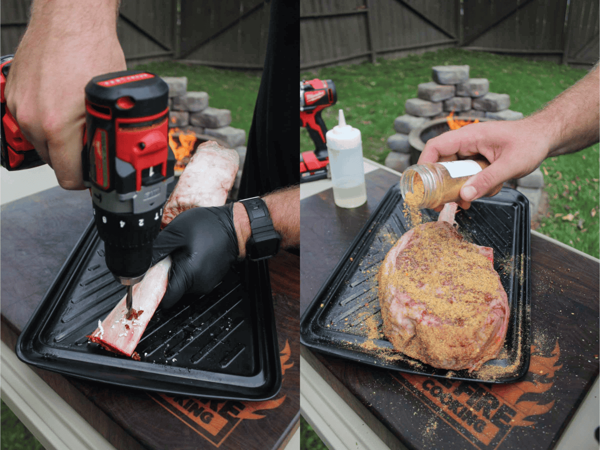 Two photos showing the process of preparing the tomahawk steak for grilling, using a drill on the left and seasoning the steak on the right