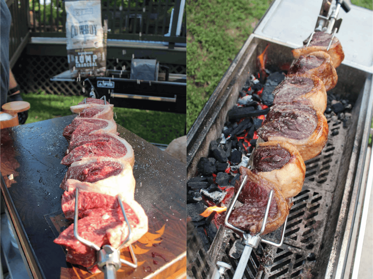 The Brazilian steaks are sliced with a sharp knife and then skewered for grilling.