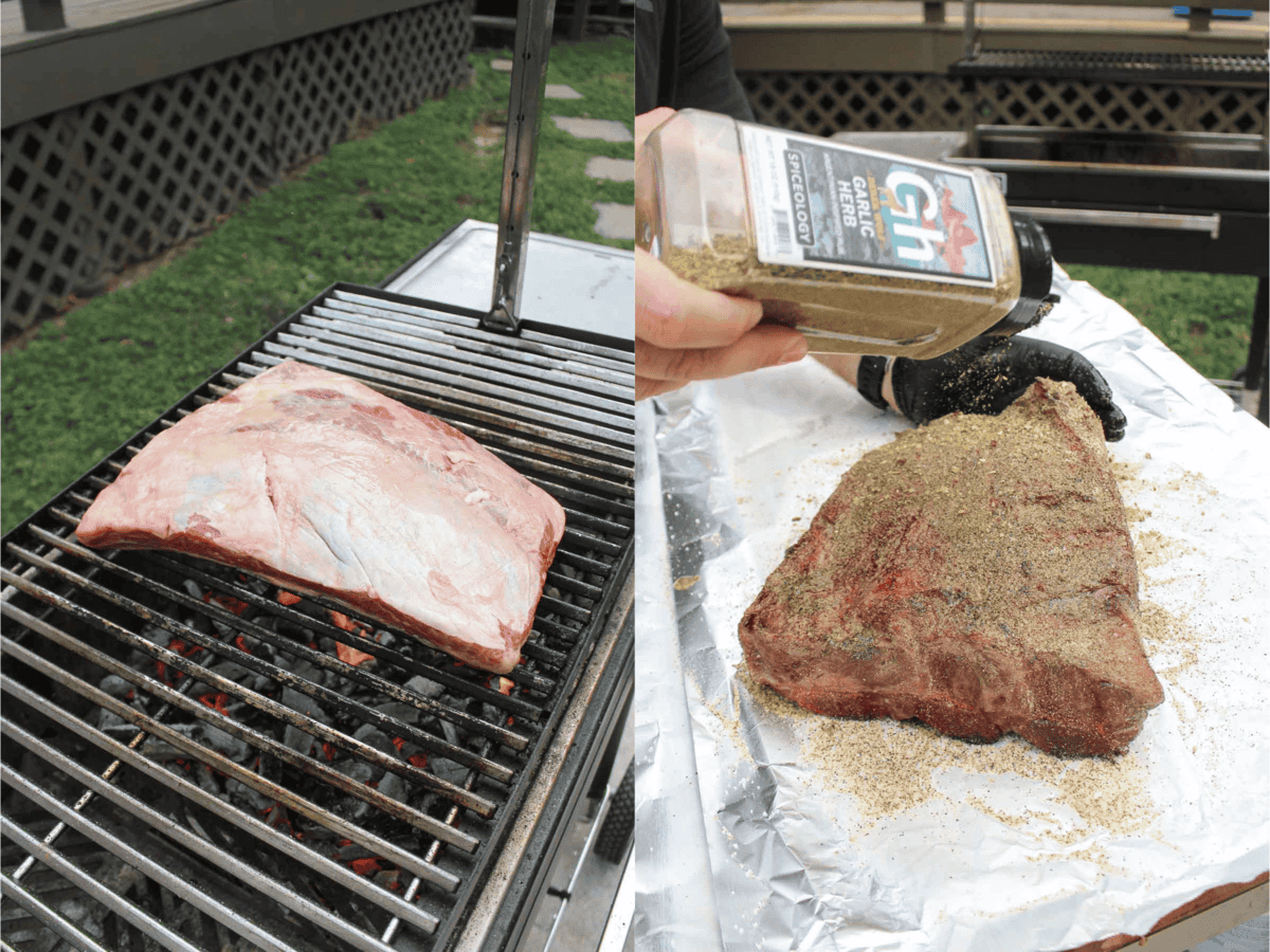 The meat is charred then seasoned before getting wrapped in foil. 