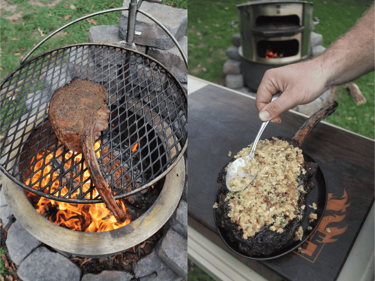 Searing the tomahawk steak on the grill and adding the Spanish garlic crust to the top of the steak